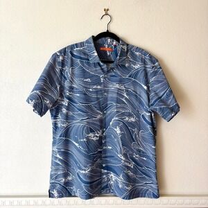 Tori Richard Oceans 11 Print Blue Wave Short Sleeve Button Down Shirt Men's XL